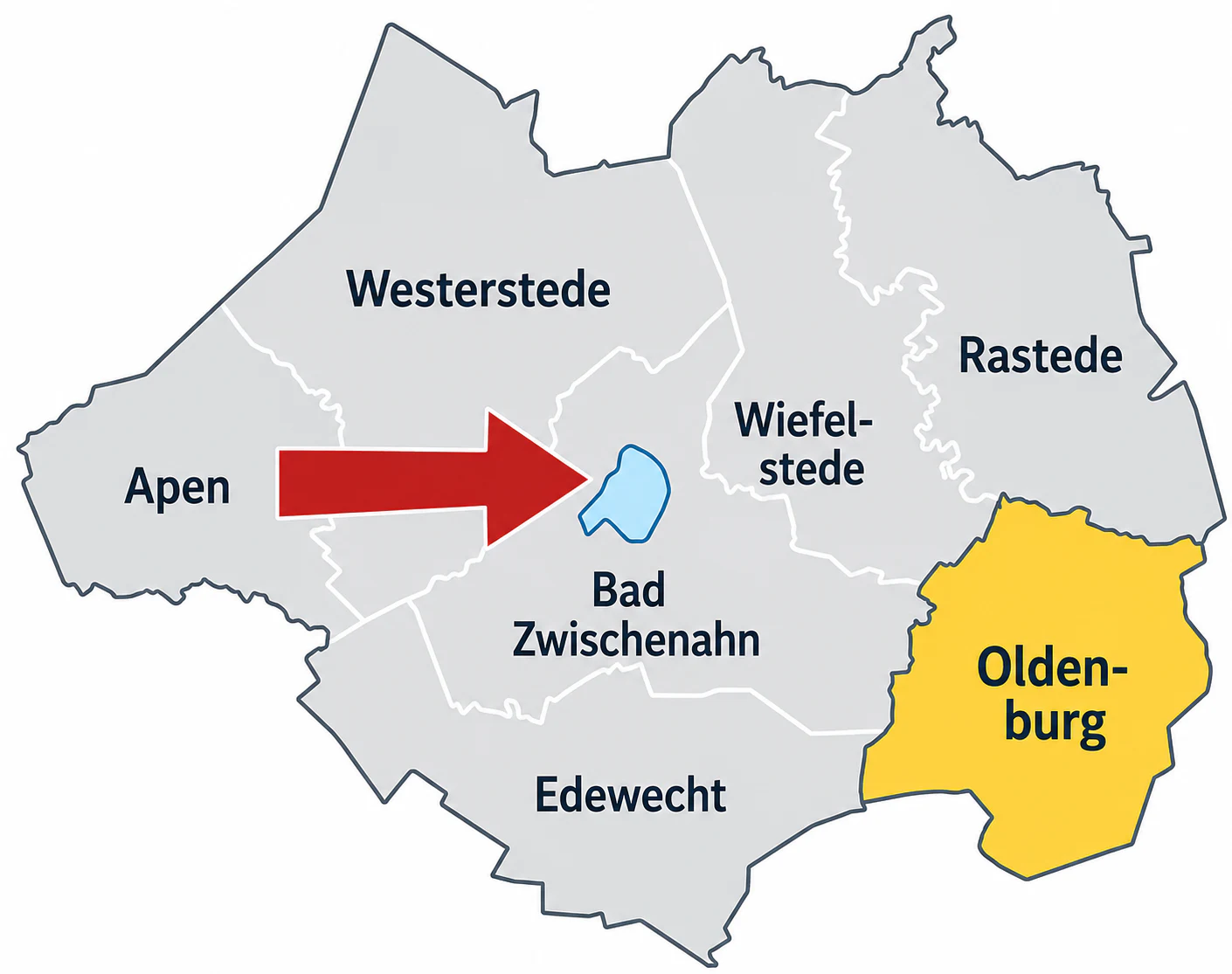 Karte des Einzugsgebiets rund um Bad Zwischenahn mit Westerstede, Apen, Wiefelstede, Rastede, Edewecht und Oldenburg